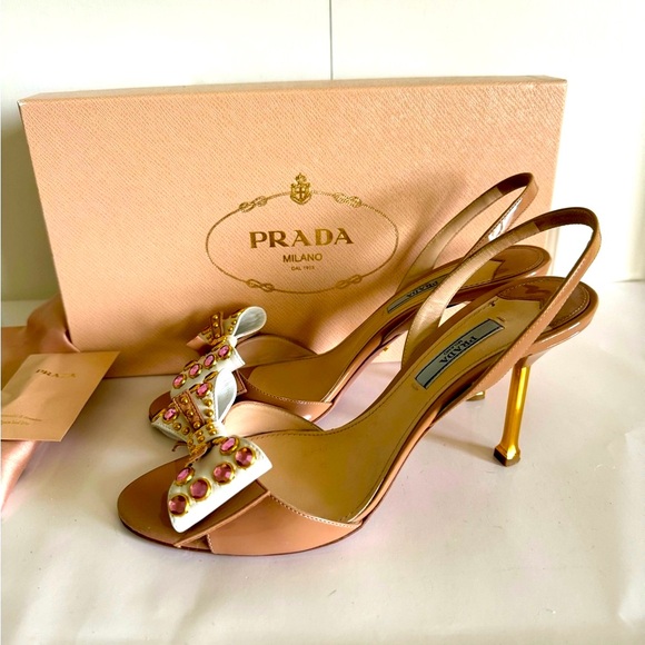 PRADA Nude Patent Leather Rhinestones Bow Slingbacks 8/38.5 EUC - Picture 2 of 8